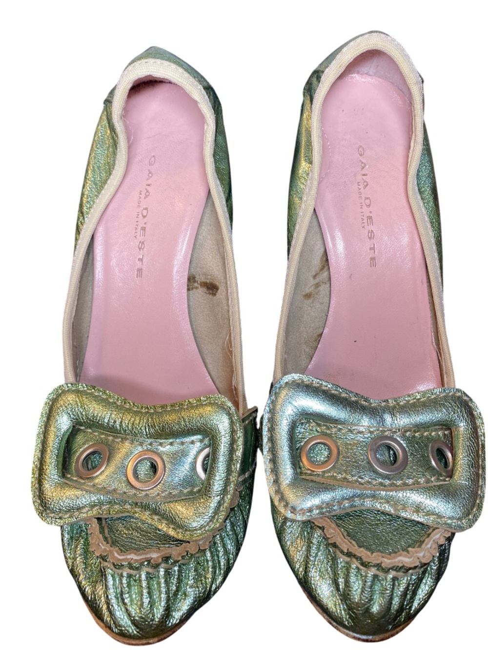 Vintage Gaia D'Este Metallic Acqua Split-Sole Ballet Pump Heels 37.5 / 7.5